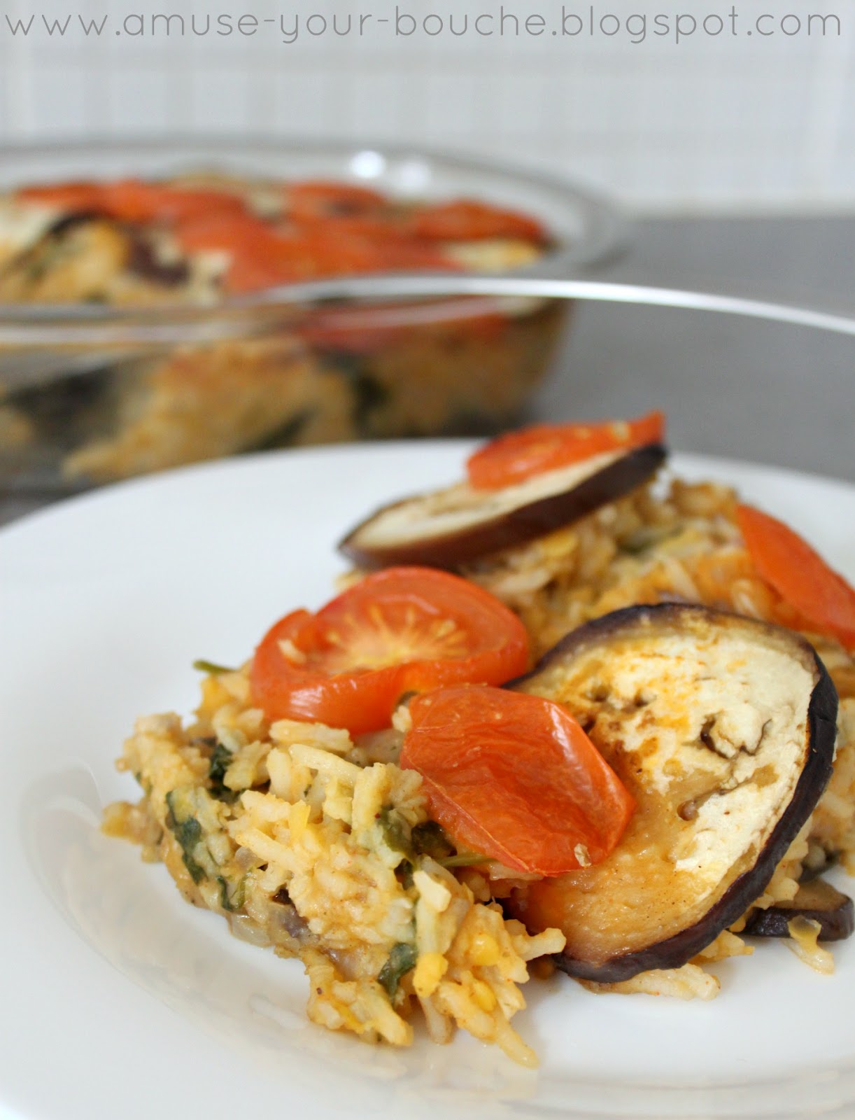 Rice and lentil bake with aubergine and tomatoes Amuse Your Bouche