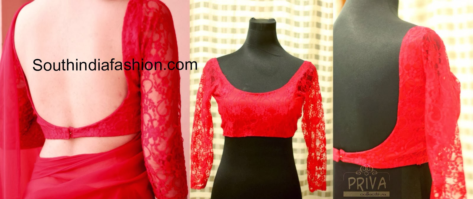 with three  and neck lace red lace quarter saree blouse  blouse deep design  back Beautiful