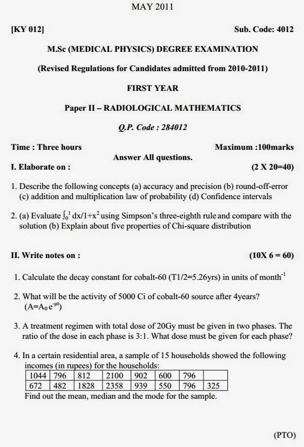 Mangalore University M.Sc Medical Physics, Radiological Mathematics, I