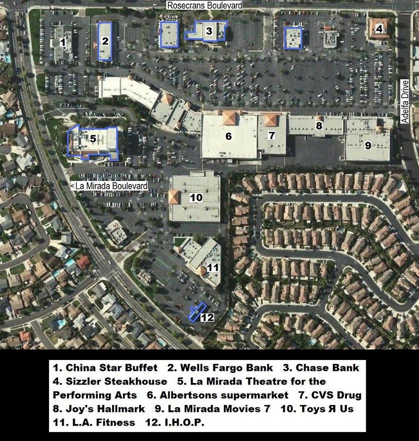 A circa2008 aerial view of LA MIRADA THEATRE CENTER. Structures saved