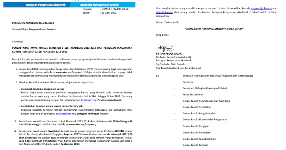 PERSATUAN MAHASISWA UKM SESI 2014/2015: PENDAFTARAN AWAL KURSUS