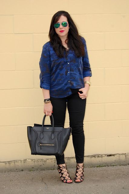 Zara camouflage blouse, Old Navy Rockstar jeans, Prabal Gurung for Target cage heels and a Celine mini luggage tote