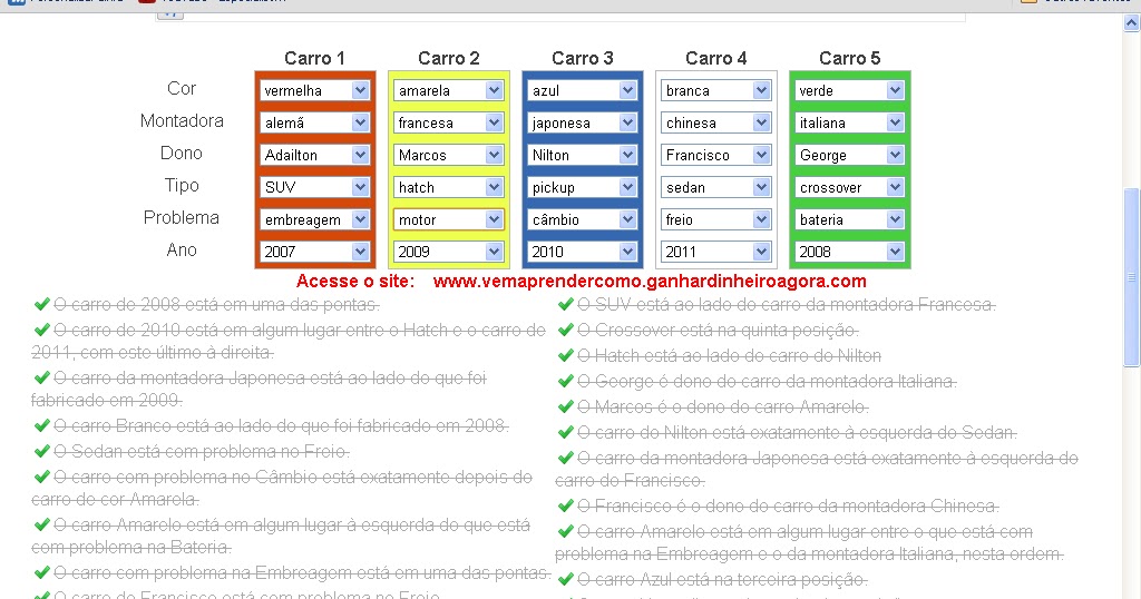 Carros no Mecânico (DESAFIOS DE LÓGICA Geniol) Nível Médio 