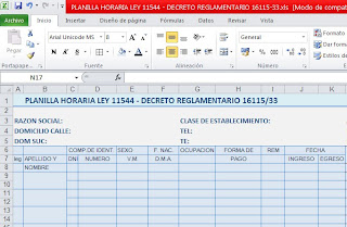 MODELO EN EXCEL DE PLANILLA HORARIA LEY 11544 - DECRETO REGLAMENTARIO 16115/33. Artículo 197 Ley 20.744 MODELO EN EXCEL DE PLANILLA HORARIA LEY 11544 - DECRETO REGLAMENTARIO 16115/33. Artículo 197 Ley 20.744