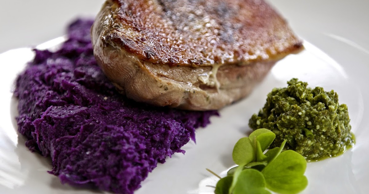 Juicy and moist slow cooked duck breast with red cabbage puree