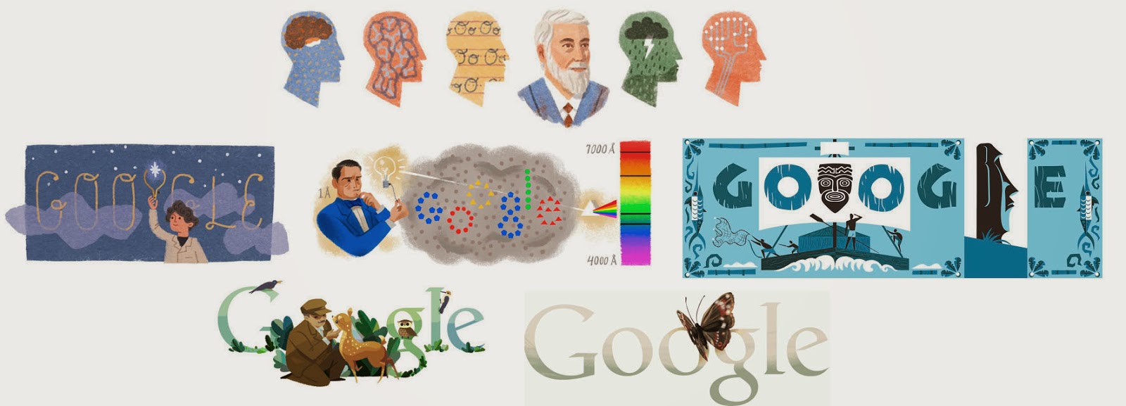 Doodles homenaje a científicos y divulgadores Ivan Sechenov, Annie Jump Cannon, Anders Jonas Angstro, Thos Heyerdahl, Tadas Ivanauskas,Seok Joo-Myung