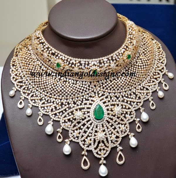 Gold and Diamond jewellery designs diamond emerald bridal necklace
