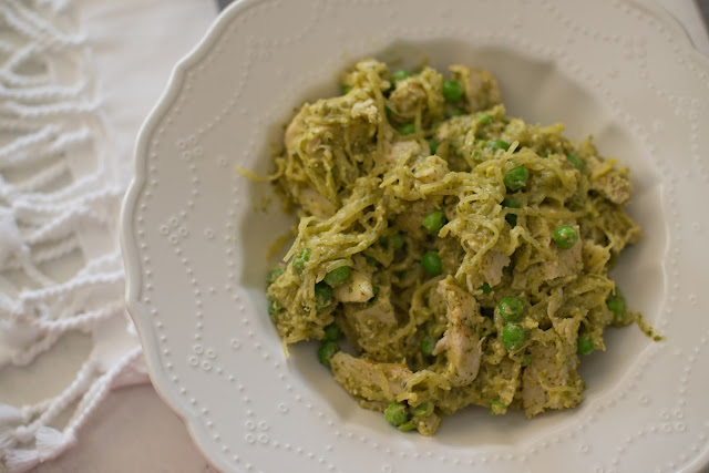 Spaghetti squash chicken and pesto with peas--using spaghetti squash for pasta