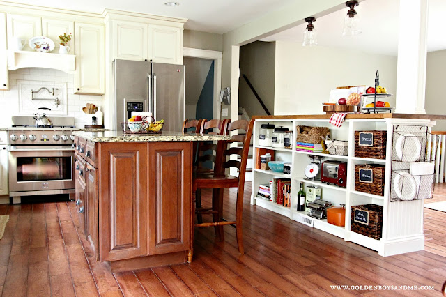 Ikea Hack Billy Bookshelves Kitchen Island Storage with butcher block and bead board-www.goldenboysandme.com