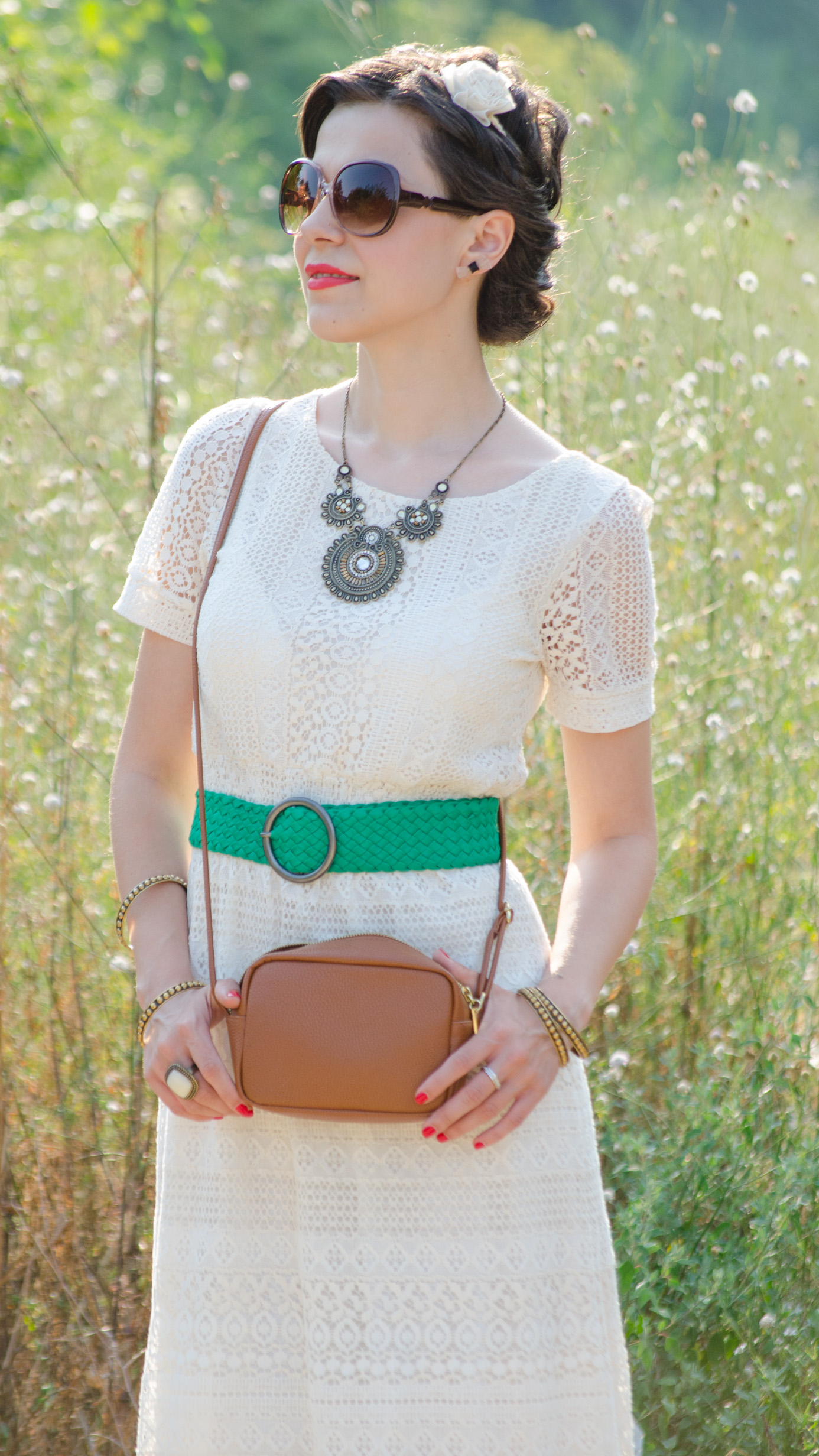 boho chic cotton lace dress koton green belt strap green nude shoes statement necklace h&m small brown satchel ivory