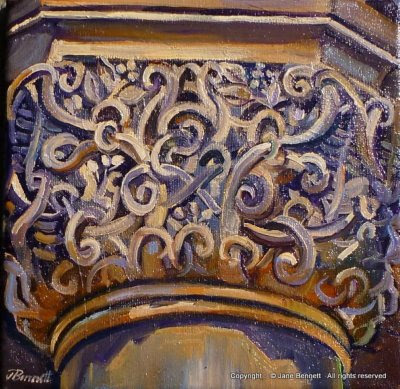 plein air oil painting of carved sandstone columns in Sydney Technical College   painted by industrial heritage artist Jane Bennett