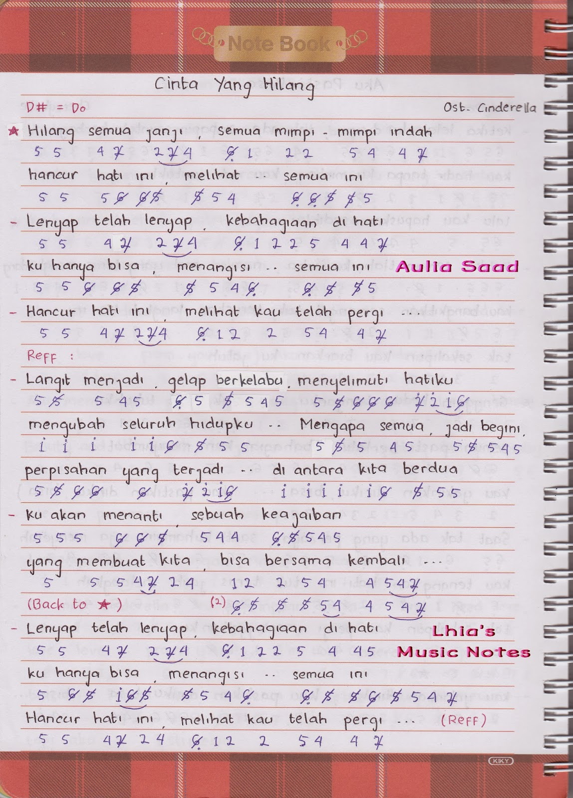 Not Angka : Ost. Cinderella – Cinta Yang Hilang | Lhia's Music Notes