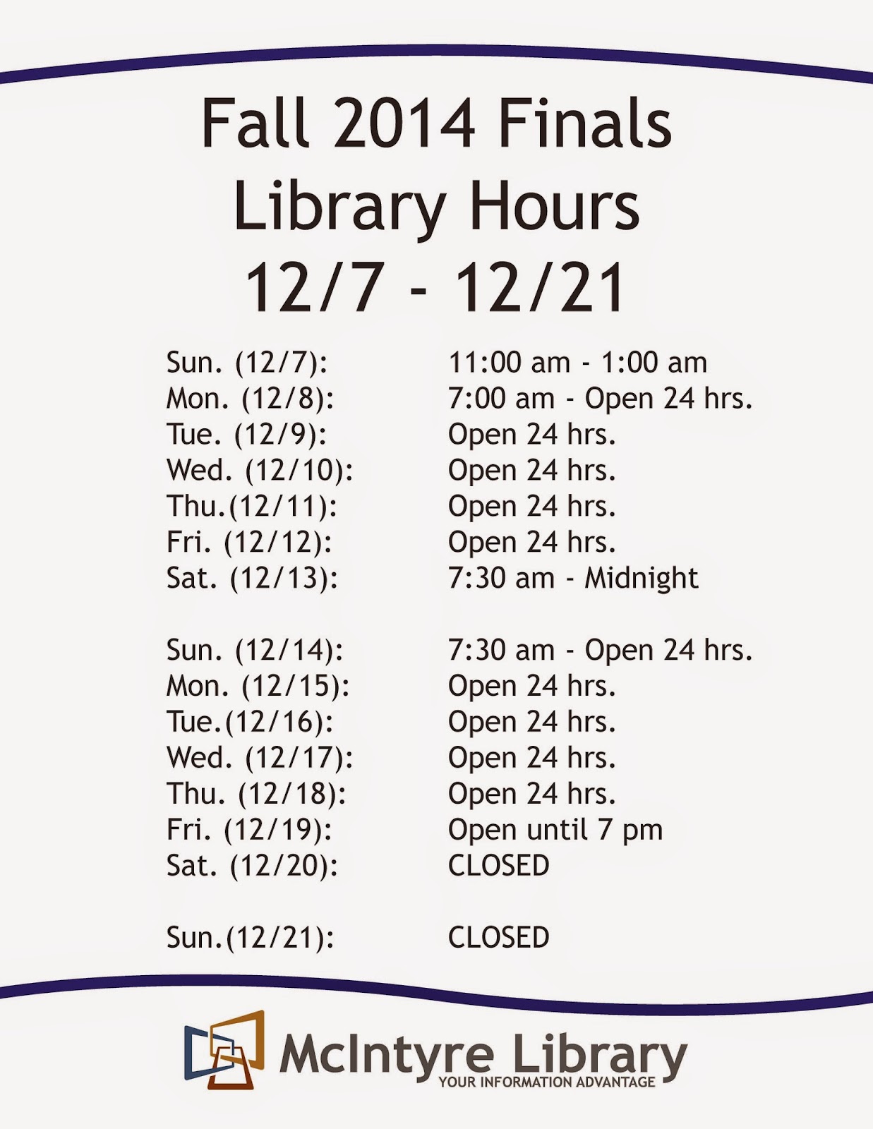 McIntyre Library News PreFinals Week and Finals Week Library Hours