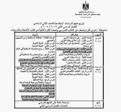 توزيع منهج الدراسات للصف الثانى الاعدادى الترم الثانى 2014 بعد التعديل المنهاج مصر