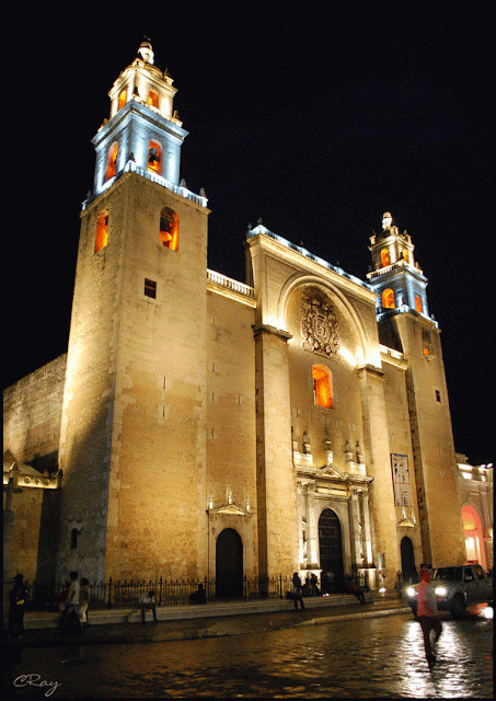 Merida Mexico's Cathedral of San Ildefonso facade lit at night