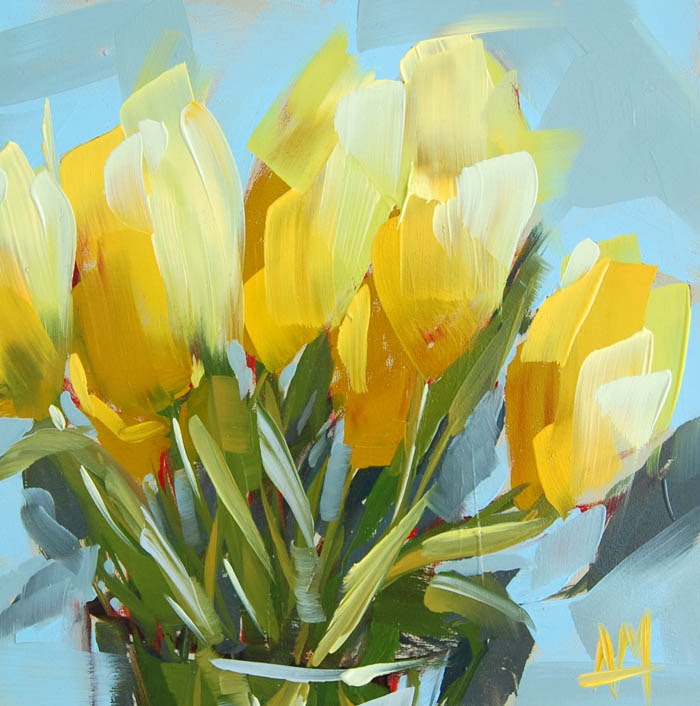 Yellow Tulips on Blue angela moulton's painting a day