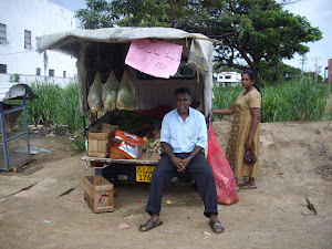 A typical Sri Lankan  market hawker. Vegetables, fish products are sold in portable vans.(Dambulla)