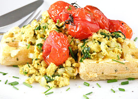 Chive Cornmeal Waffles with Tofu Scramble and Roasted Cherry Tomatoes
