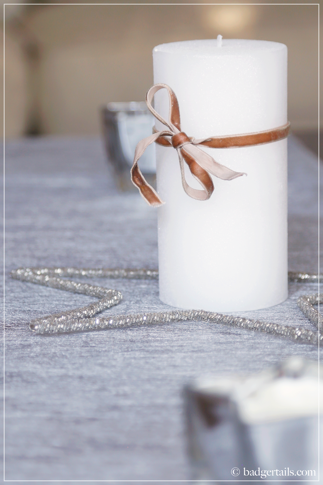 White Glitter Christmas Candle with Ribbon