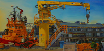 Marine Art - plein air oil painting of the Sydney Ports Emergency Response tug Shirley Smith from Moore's Wharf Walsh Bay Wharves by maritime heritage artist Jane Bennett