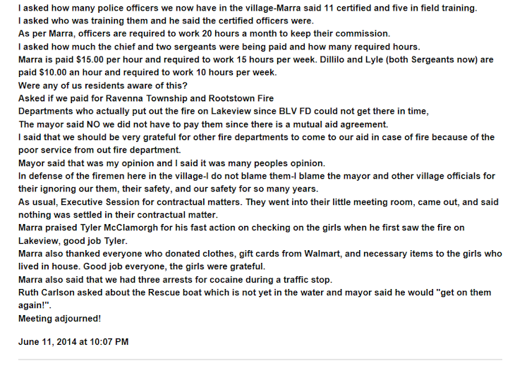 This is the second 1/2 of the 6/11/14 Brady Lake Village real council meeting minutes.