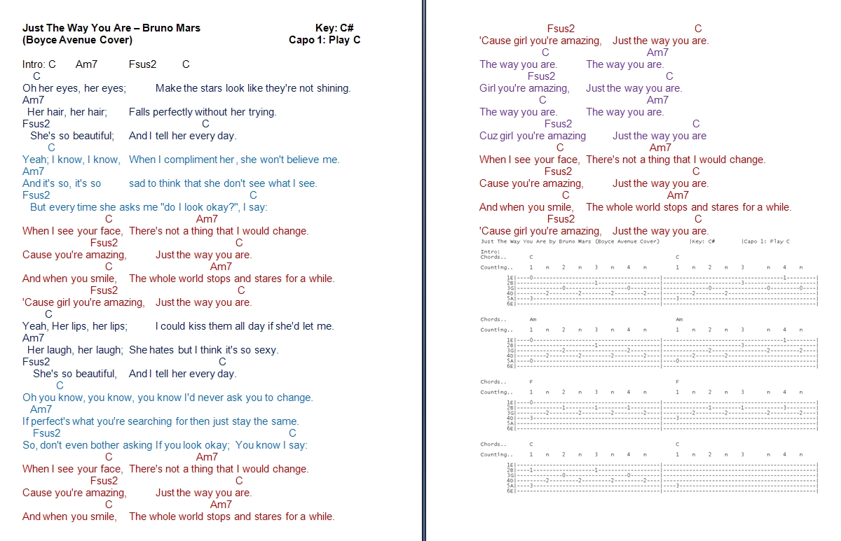 Guitar Chords For The Song Just The Way You Are By Bruno Mars