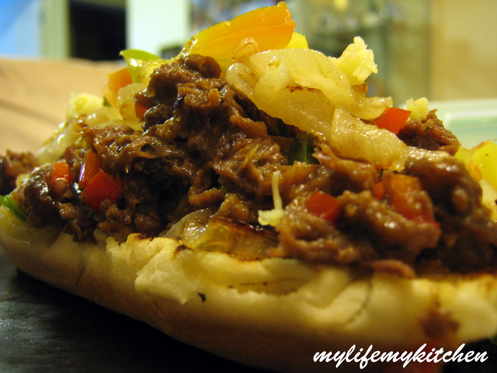 my life & my kitchen Chopped roast beef with pepper sandwich served