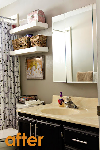 after bathroom organization; yellow and gray bathroom with floating shelves
