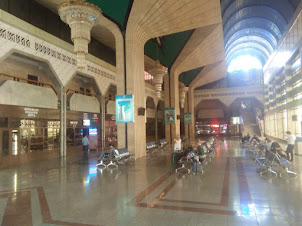A view of plush Samarkand train station departure lounge.
