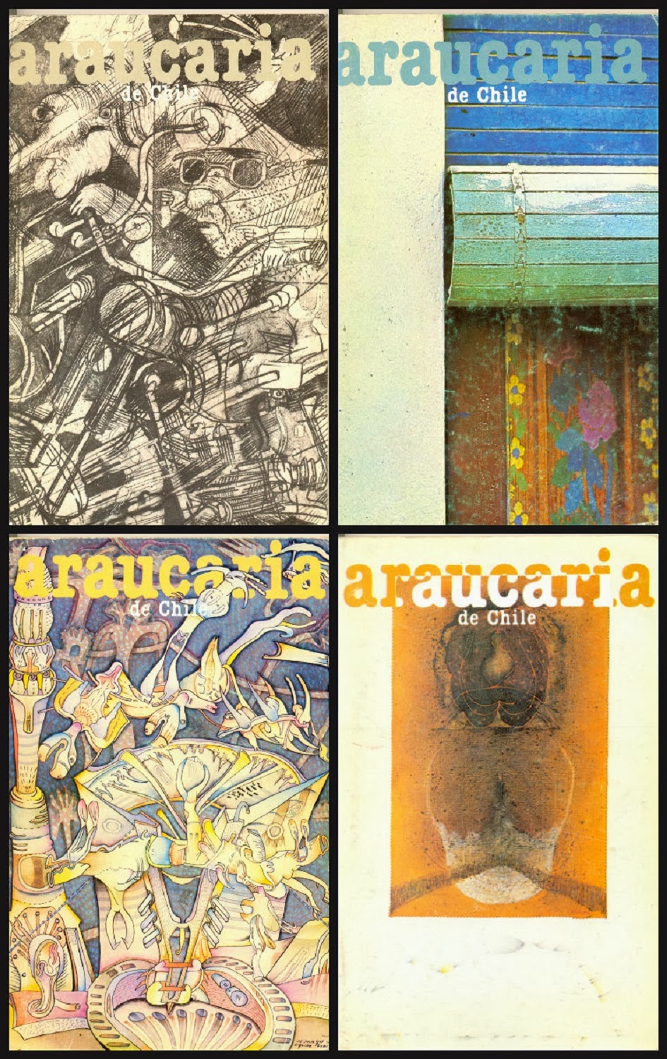 COUVERTURES DES REVUES « ARAUCARIA DE CHILE » Nº 14, GRAVURE DE JUAN BERNAL PONCE; N° 15, PHOTO JORGE TRIVIÑO; N° 16, PEINTURE DE MARIO MURÚA, N° 18, PEINTURE D'ENRIQUE ZAÑARTU;