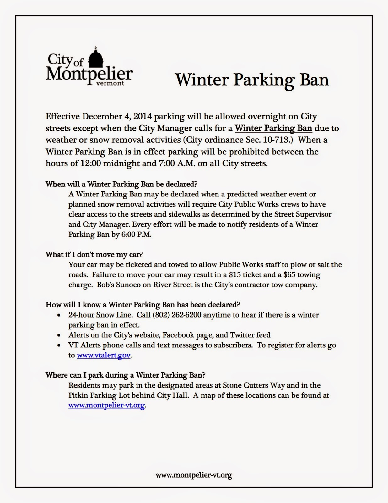 Montpelier Winter Parking Parking Ban changed!