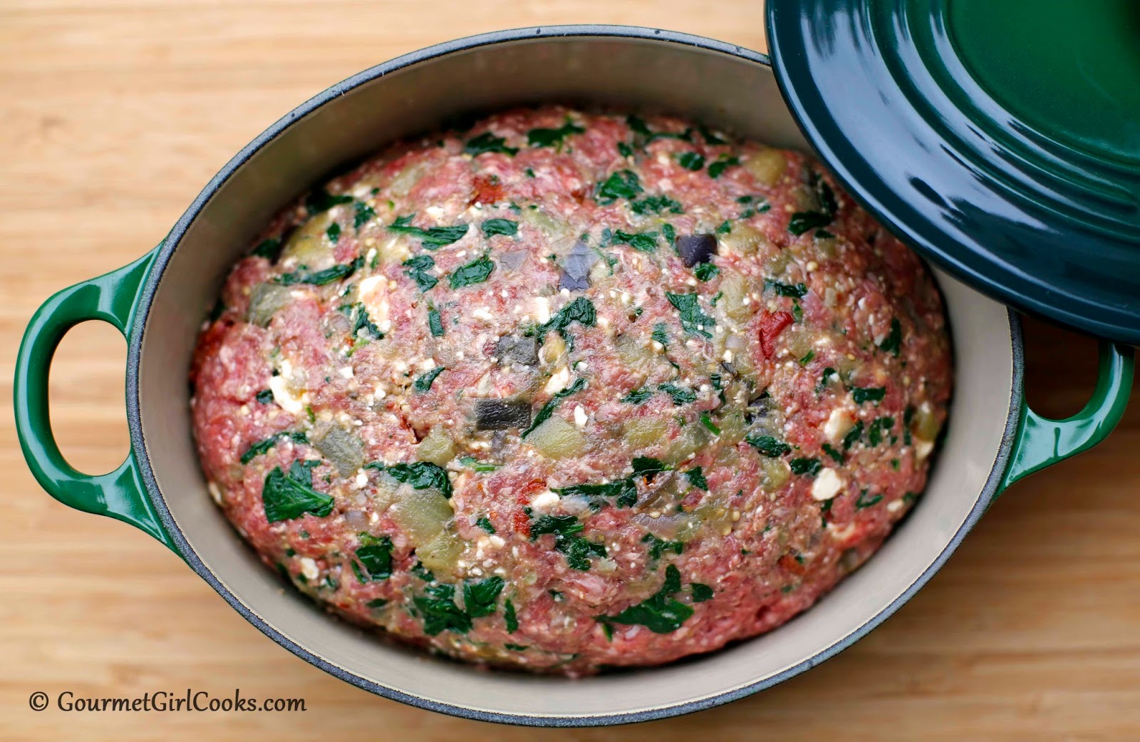 Gourmet Girl Cooks Greek Style Meatloaf w/ Eggplant, Spinach & Feta Low Carb
