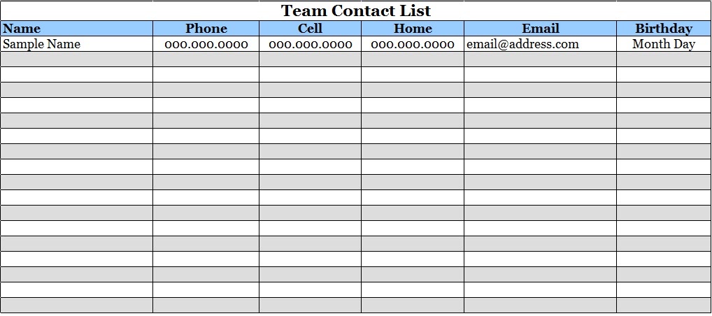 team contact list template sample team list template