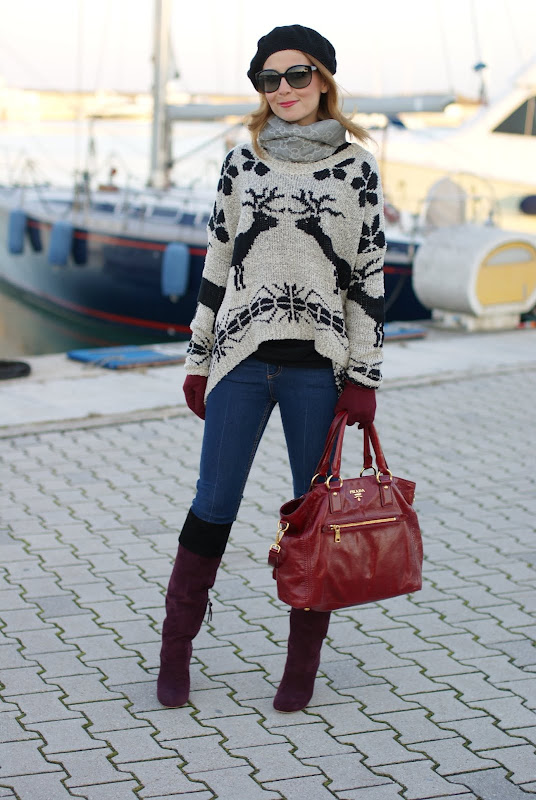 deer print sweater, Miu Miu boots, Prada bag
