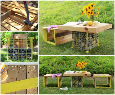 DIY Pallet Wood Bench & Gabion Table DIY Pallet Wood Bench & Gabion Table