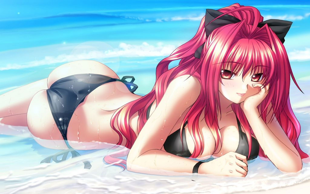 red+scarlet+long+hair+black+bikini+beach+sun+water+sexy+hot+anime+girl+wallpaper+background.jpg