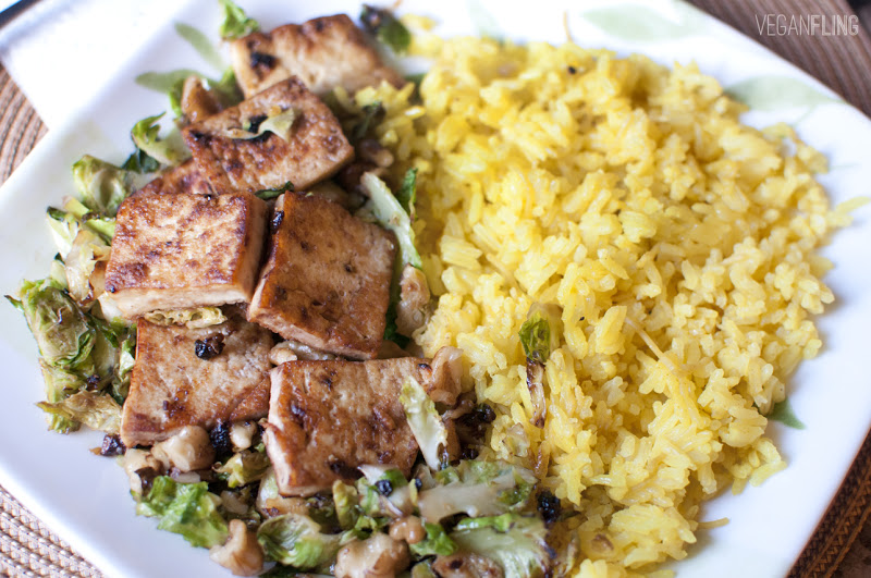 VeganFling Caramelized Tofu with Brussels Spouts and Saffron Rice