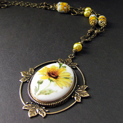 Sunflower Necklace Beaded in Porcelain Cameo and Bronze