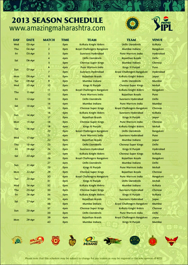 Ipl 2014 Match Schedule Fixtures Time Table Pdf Free Auto Design Tech