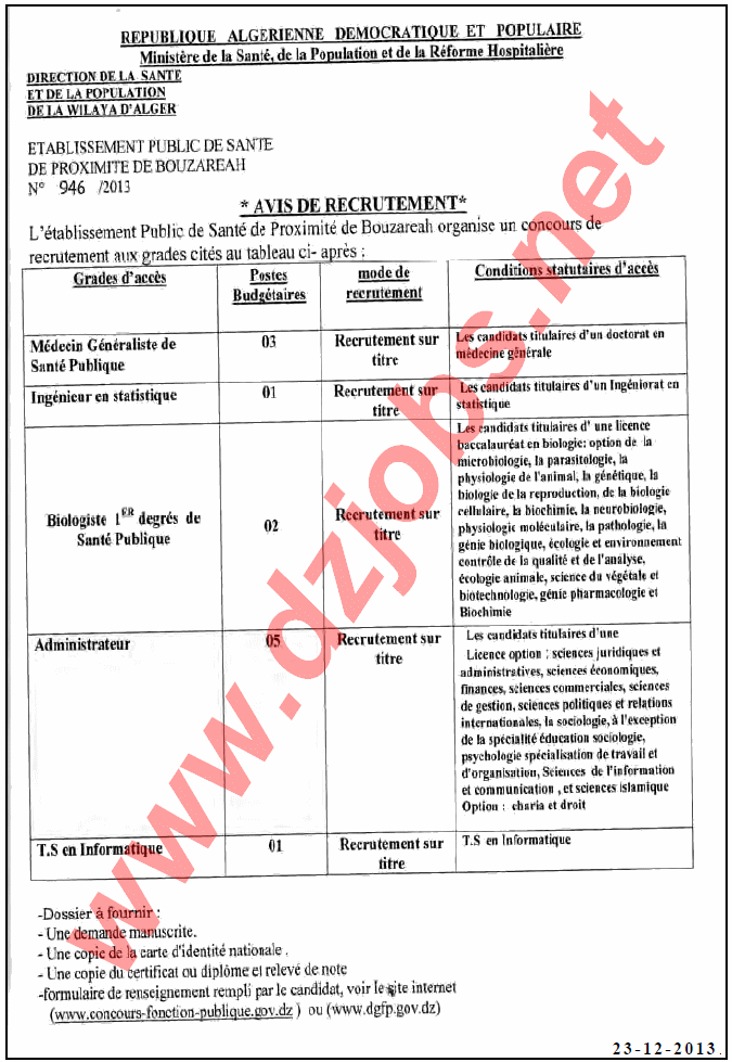  إعلان توظيف في المؤسسة العمومية للصحة الجوارية بوزريعة الجزائر ديسمبر 2013  Alger+2
