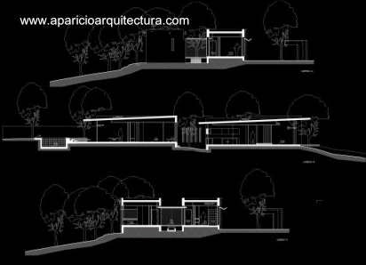 Tres cortes de los cuerpos del volumen Plano arquitectónico de cortes de la casa