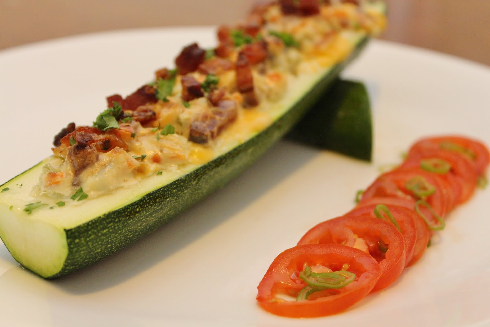  Stuffed Bacon and Cheese Zucchini with Pickled Tomato