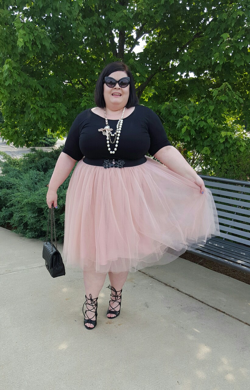 thestylesupreme plus size ootd pink tulle skirt and lace up heels tulle skirt plus size