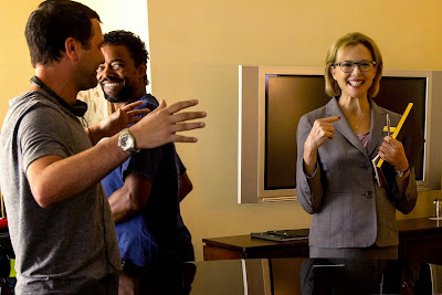 Annette Bening and Dan Fogelman on the set of Danny Collins