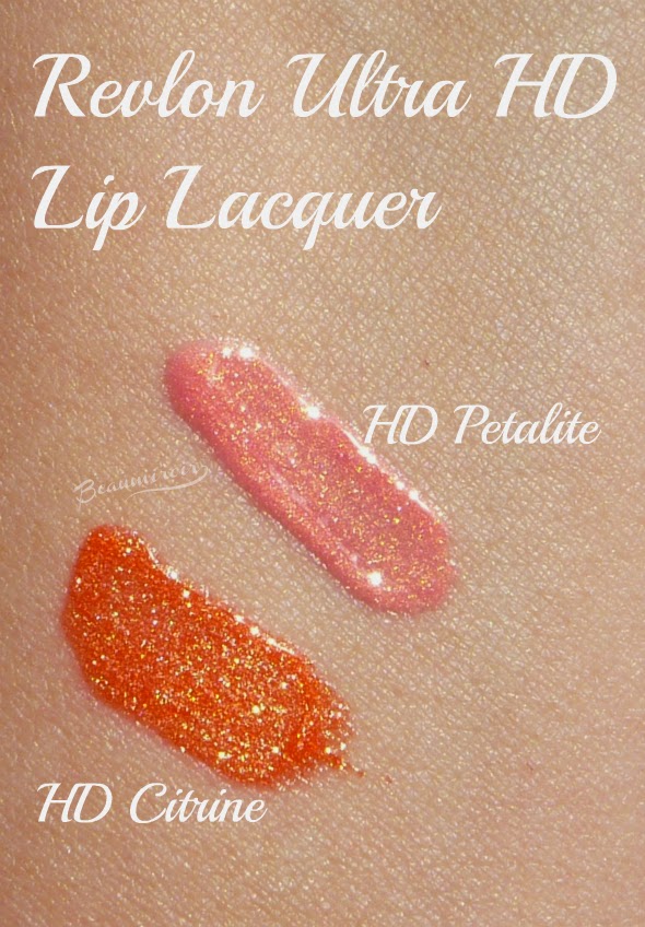 Revlon Ultra HD Lip Lacquer gloss in Citrine and Petalite swatches
