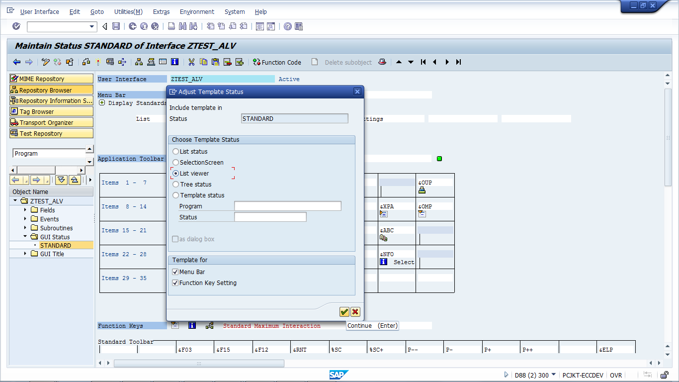SapSystemsOfReza ADJUST TEMPLATE, GIU STATUS, MANAGE TR, MANAGE LOCK