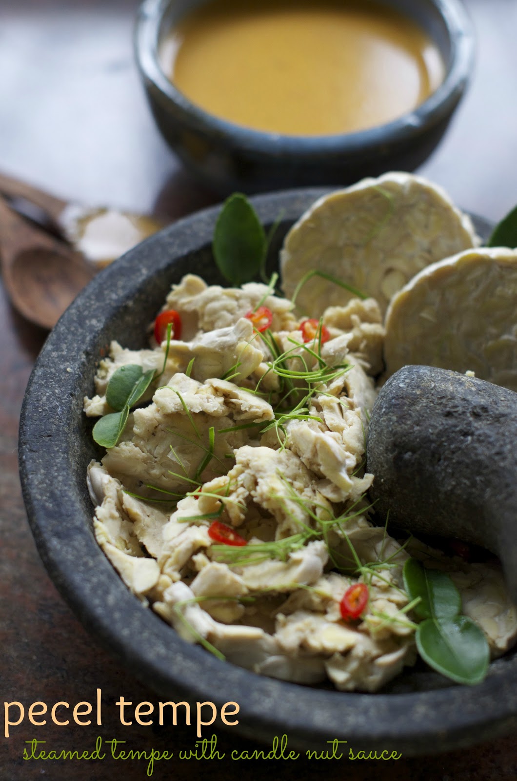 Indonesian Medan Food Pecel Tempe (steamed tempe with candle nut sauce)