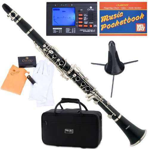Mendini MCT-E+SD+PB+92D Black Ebonite B Flat Clarinet with Tuner, Case, Stand, Mouthpiece, 10 Reeds and More