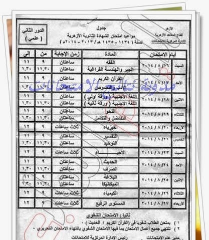 بالصور جداول امتحانات "الدور الثانى" للثانويه الأزهرية 2014 أدبى وعلمى بالصور جداول امتحانات "الدور الثانى" للثانويه الأزهرية 2014 أدبى وعلمى