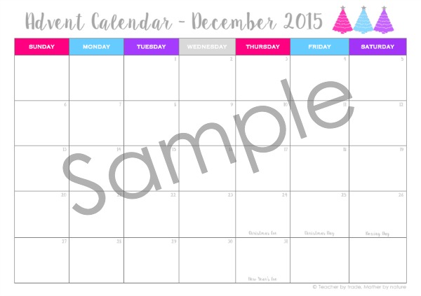 monday through sunday calendar 2015